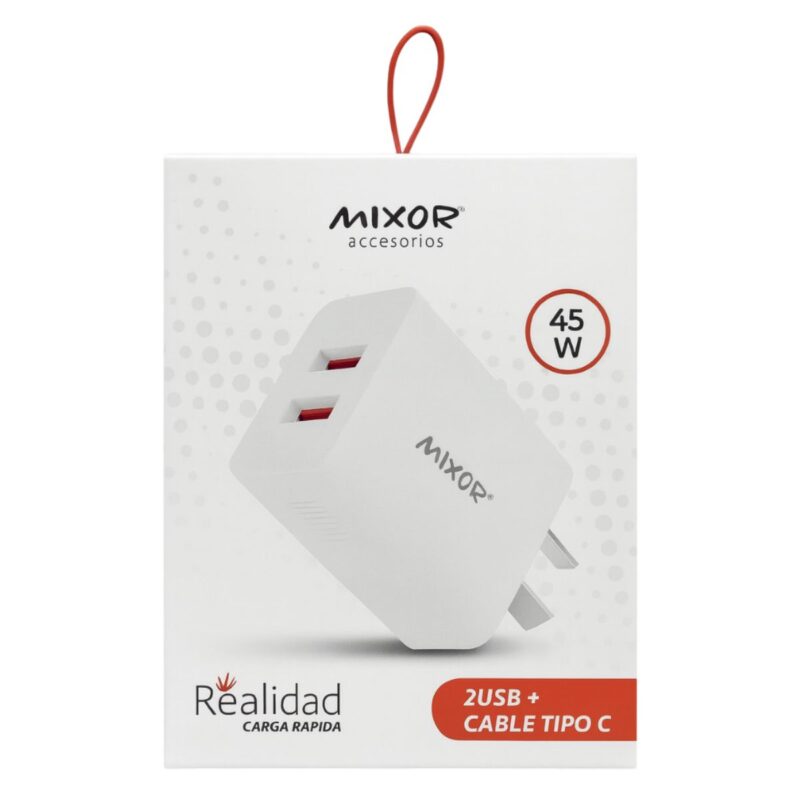 CARGADOR 220V MIXOR – REALIDAD – 2 USB + CABLE TC 45W – BLANCO